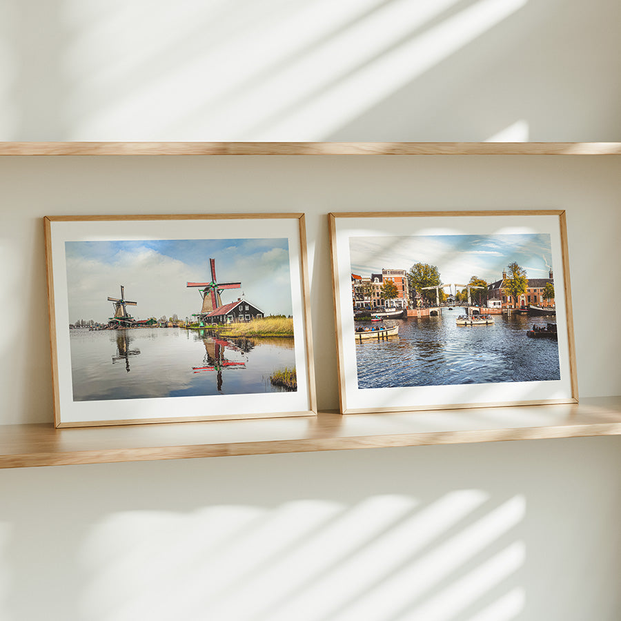 set of 2 Amsterdam prints, Amsterdam wall art set, Netherlands wall art, Dutch windmill print, Amsterdam canal print, Zaanse Schans poster, Walter Süskindbrug print, canal bridge wall art, Dutch landscape print, Netherlands poster, fine art print set, travel photography print, Dutch wall art