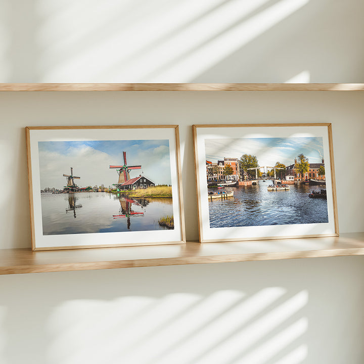 set of 2 Amsterdam prints, Amsterdam wall art set, Netherlands wall art, Dutch windmill print, Amsterdam canal print, Zaanse Schans poster, Walter Süskindbrug print, canal bridge wall art, Dutch landscape print, Netherlands poster, fine art print set, travel photography print, Dutch wall art