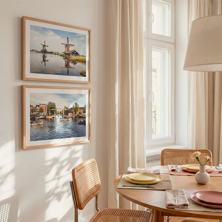 set of 2 Amsterdam prints, Amsterdam wall art set, Netherlands wall art, Dutch windmill print, Amsterdam canal print, Zaanse Schans poster, Walter Süskindbrug print, canal bridge wall art, Dutch landscape print, Netherlands poster, fine art print set, travel photography print, Dutch wall art