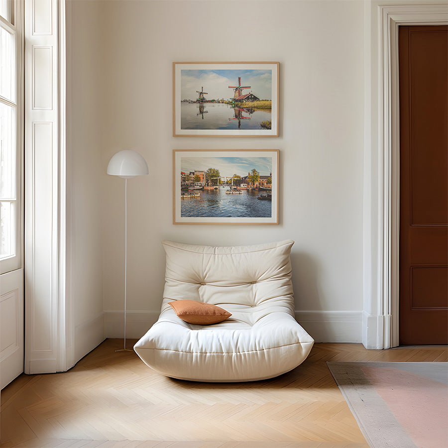 set of 2 Amsterdam prints, Amsterdam wall art set, Netherlands wall art, Dutch windmill print, Amsterdam canal print, Zaanse Schans poster, Walter Süskindbrug print, canal bridge wall art, Dutch landscape print, Netherlands poster, fine art print set, travel photography print, Dutch wall art