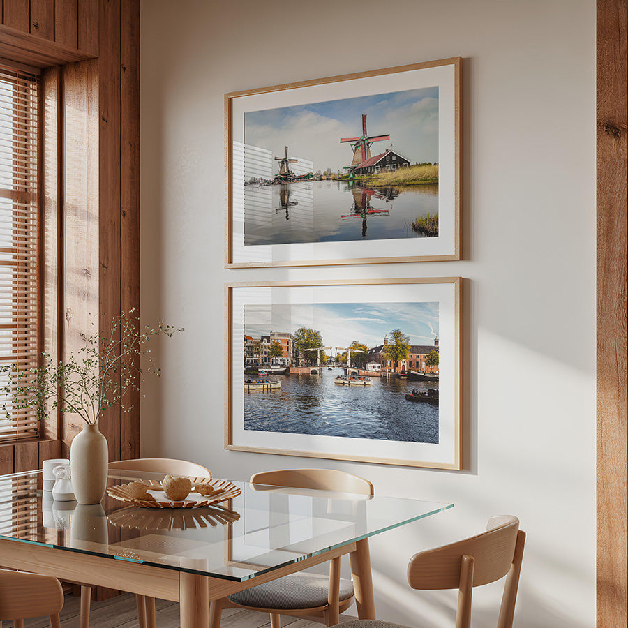 set of 2 Amsterdam prints, Amsterdam wall art set, Netherlands wall art, Dutch windmill print, Amsterdam canal print, Zaanse Schans poster, Walter Süskindbrug print, canal bridge wall art, Dutch landscape print, Netherlands poster, fine art print set, travel photography print, Dutch wall art
