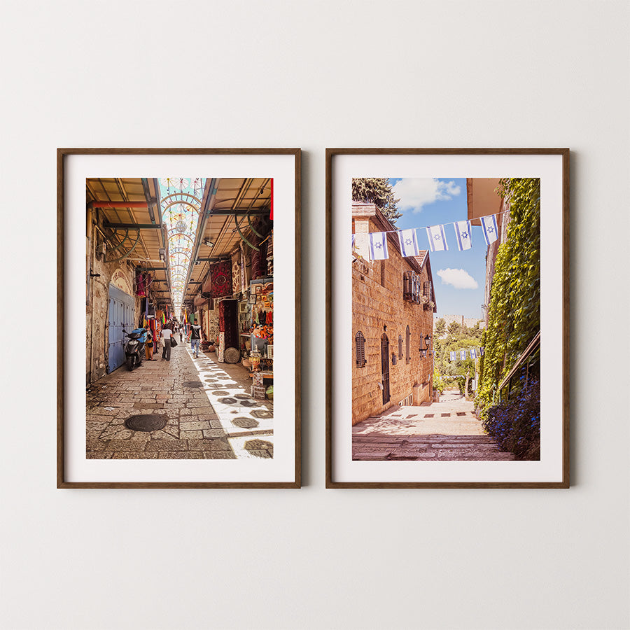 Set of 2, Jerusalem wall art, Israel poster, Jewish wall decor, Jerusalem print set, Israeli flag art, Holy Land photography, Old City Jerusalem, Israel fine art, Jerusalem market print, Israel gift