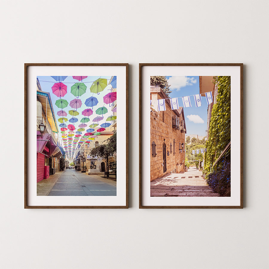 Set of 2, Jerusalem wall art, Israel poster, Jewish wall decor, Israeli flag art, Jerusalem photography, Old City Jerusalem print, Umbrella Street print, Holy Land wall art, Israel fine art print, Jewish gift idea
