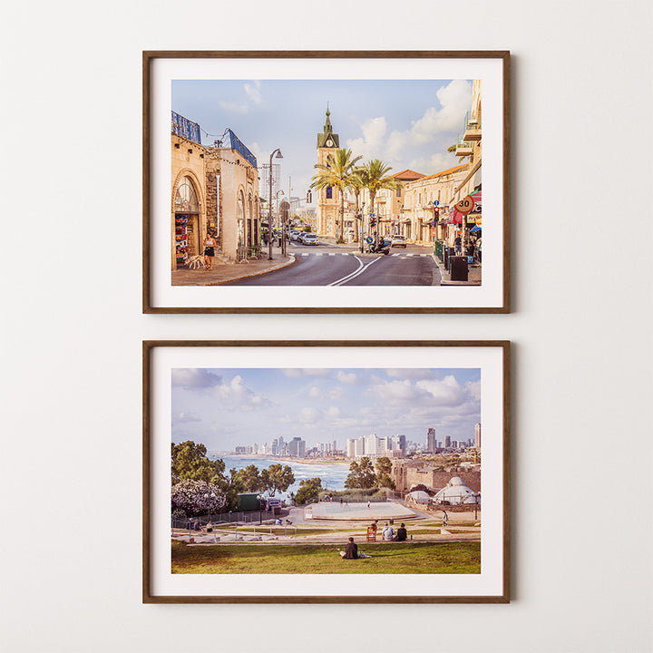 Set of 2, Tel Aviv wall art, Jaffa poster, Mediterranean print, Israel photography, beach view art, clocktower Yafo, Tel Aviv fine art, Jaffa wall decor, travel photography print, Israel wall decor