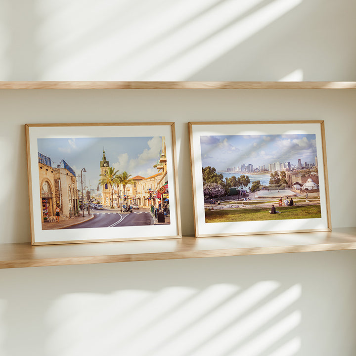 Set of 2, Tel Aviv wall art, Jaffa poster, Mediterranean print, Israel photography, beach view art, clocktower Yafo, Tel Aviv fine art, Jaffa wall decor, travel photography print, Israel wall decor
