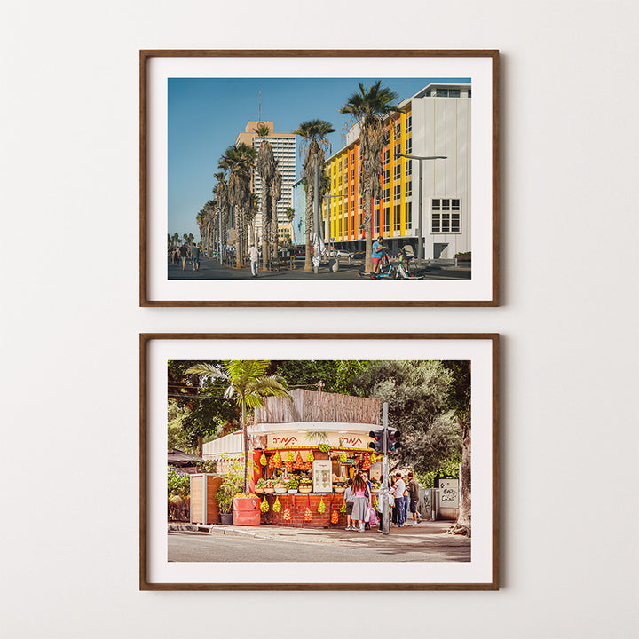 Tel Aviv wall art set, set of 2 Tel Aviv prints, Tel Aviv beach wall art, Gordon Beach print, Tamara Juice Bar print, Dizengoff Street print, Tel Aviv poster, Israel wall art, coastal wall art, fine art photography print, travel photography print, colorful wall art