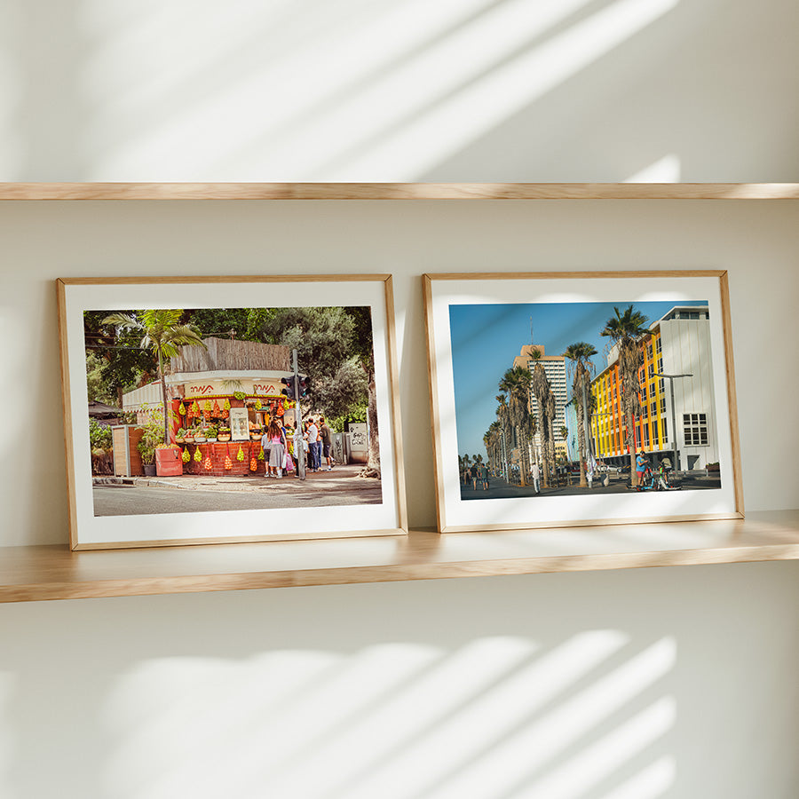 Tel Aviv wall art set, set of 2 Tel Aviv prints, Tel Aviv beach wall art, Gordon Beach print, Tamara Juice Bar print, Dizengoff Street print, Tel Aviv poster, Israel wall art, coastal wall art, fine art photography print, travel photography print, colorful wall art