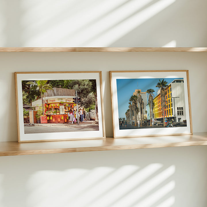 Tel Aviv wall art set, set of 2 Tel Aviv prints, Tel Aviv beach wall art, Gordon Beach print, Tamara Juice Bar print, Dizengoff Street print, Tel Aviv poster, Israel wall art, coastal wall art, fine art photography print, travel photography print, colorful wall art