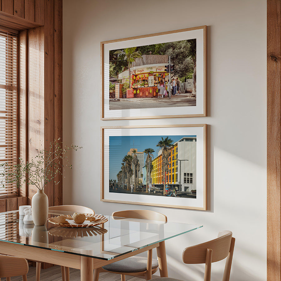 Tel Aviv wall art set, set of 2 Tel Aviv prints, Tel Aviv beach wall art, Gordon Beach print, Tamara Juice Bar print, Dizengoff Street print, Tel Aviv poster, Israel wall art, coastal wall art, fine art photography print, travel photography print, colorful wall art