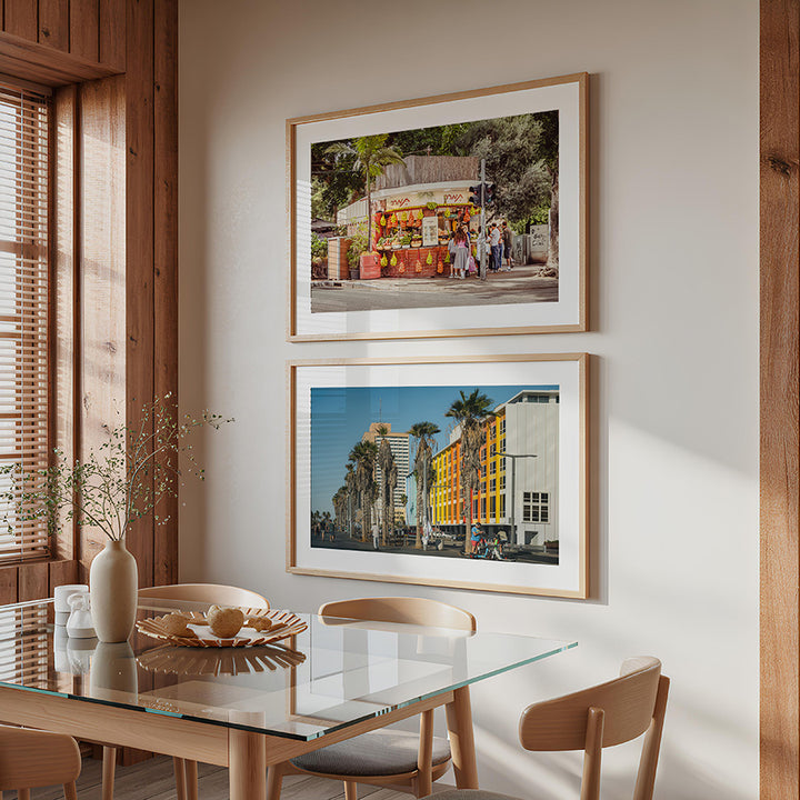 Tel Aviv wall art set, set of 2 Tel Aviv prints, Tel Aviv beach wall art, Gordon Beach print, Tamara Juice Bar print, Dizengoff Street print, Tel Aviv poster, Israel wall art, coastal wall art, fine art photography print, travel photography print, colorful wall art