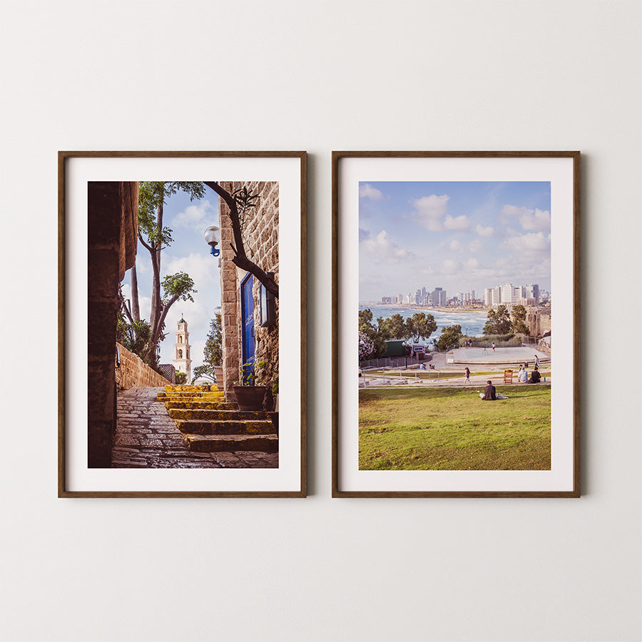 Set of 2, Tel Aviv wall art, Israel poster, Jaffa photography, Christian wall art, Jewish travel photography, Mediterranean prints, Tel Aviv beach print, St. Peter’s Church poster, set of two art prints, travel fine art, coastal wall decor, Old Jaffa poster, Tel Aviv skyline print, Middle East art