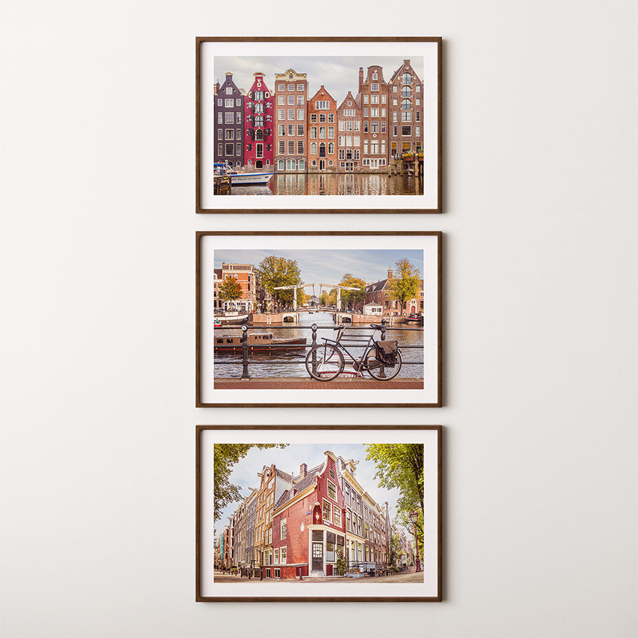 Set of 3 Amsterdam Prints , Amsterdam wall art, Dutch canal wall art, Amsterdam prints set, Damrak print, Prinsengracht poster, Dutch bridges wall art, Netherlands travel decor, fine art photography prints, museum-quality art, sustainable wall decor