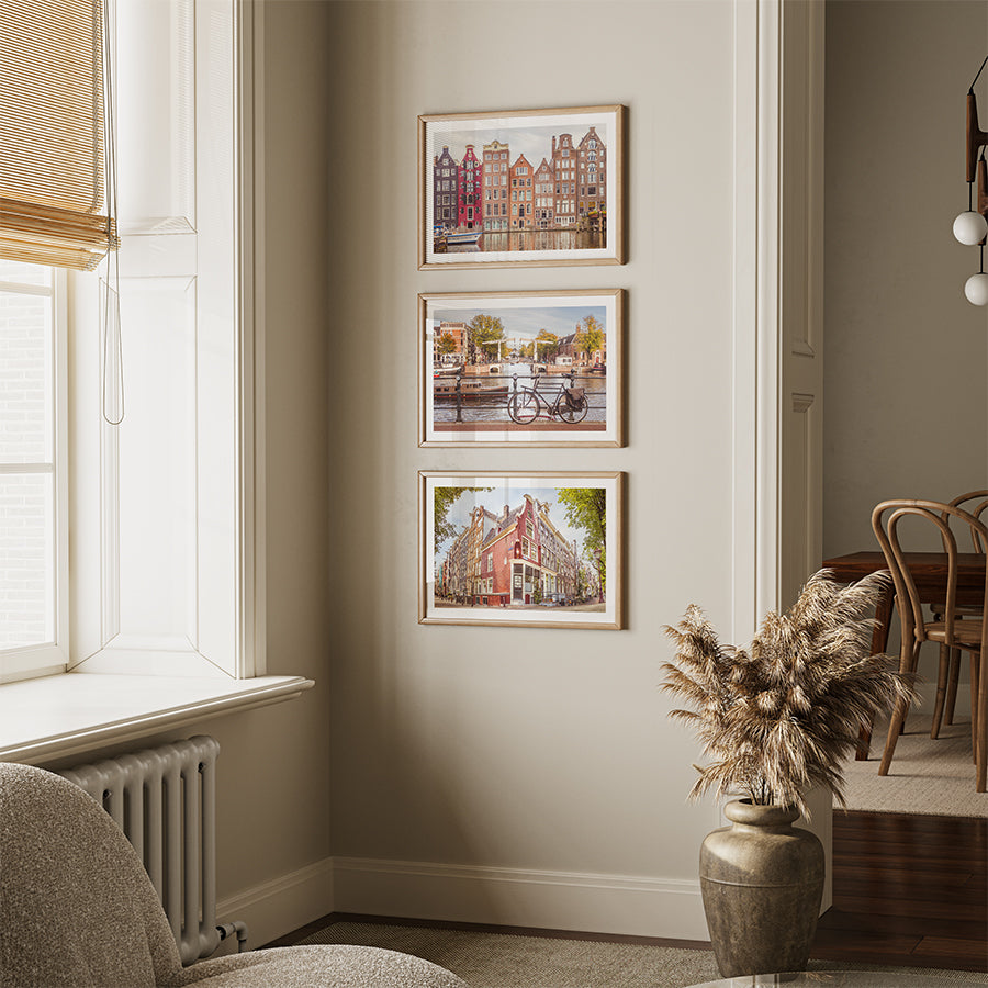 Set of 3 Amsterdam Prints , Amsterdam wall art, Dutch canal wall art, Amsterdam prints set, Damrak print, Prinsengracht poster, Dutch bridges wall art, Netherlands travel decor, fine art photography prints, museum-quality art, sustainable wall decor