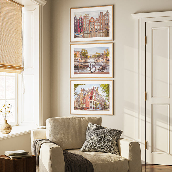 Set of 3 Amsterdam Prints , Amsterdam wall art, Dutch canal wall art, Amsterdam prints set, Damrak print, Prinsengracht poster, Dutch bridges wall art, Netherlands travel decor, fine art photography prints, museum-quality art, sustainable wall decor