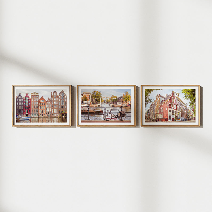 Set of 3 Amsterdam Prints , Amsterdam wall art, Dutch canal wall art, Amsterdam prints set, Damrak print, Prinsengracht poster, Dutch bridges wall art, Netherlands travel decor, fine art photography prints, museum-quality art, sustainable wall decor