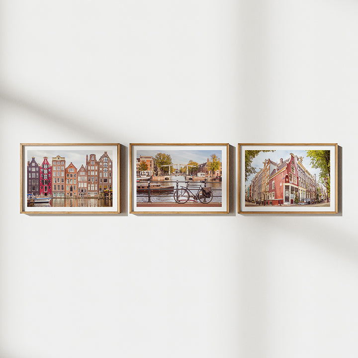 Set of 3 Amsterdam Prints , Amsterdam wall art, Dutch canal wall art, Amsterdam prints set, Damrak print, Prinsengracht poster, Dutch bridges wall art, Netherlands travel decor, fine art photography prints, museum-quality art, sustainable wall decor