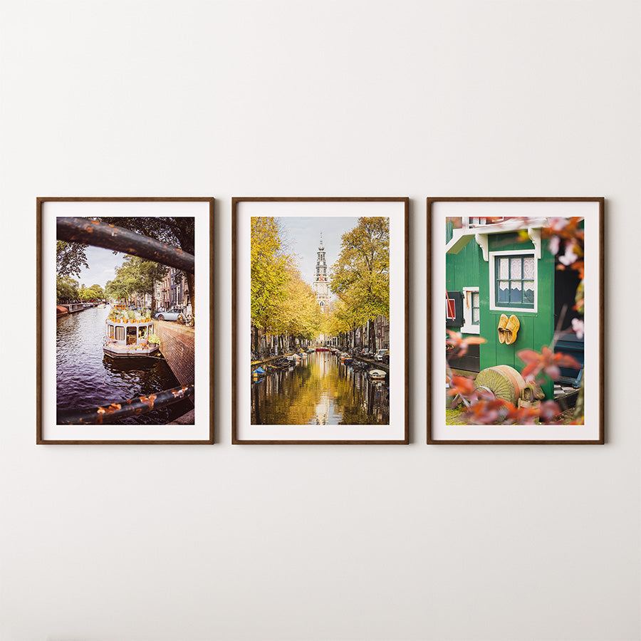 set of 3, Amsterdam wall art, Dutch travel photography, Netherlands fine art, Zaanse Schans poster, floating flower market, Amsterdam poster set, Holland canal print, Dutch countryside art, Zuiderkerk Amsterdam, houseboat Amsterdam, wooden shoe print, Amsterdam photo set, Dutch architecture wall decor, travel wall art set
