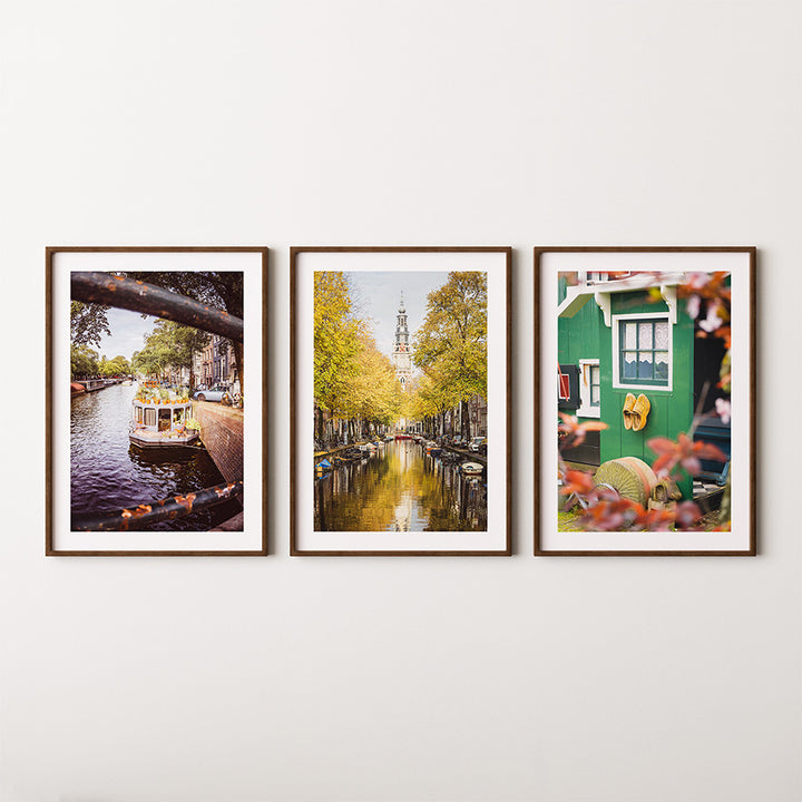 set of 3, Amsterdam wall art, Dutch travel photography, Netherlands fine art, Zaanse Schans poster, floating flower market, Amsterdam poster set, Holland canal print, Dutch countryside art, Zuiderkerk Amsterdam, houseboat Amsterdam, wooden shoe print, Amsterdam photo set, Dutch architecture wall decor, travel wall art set