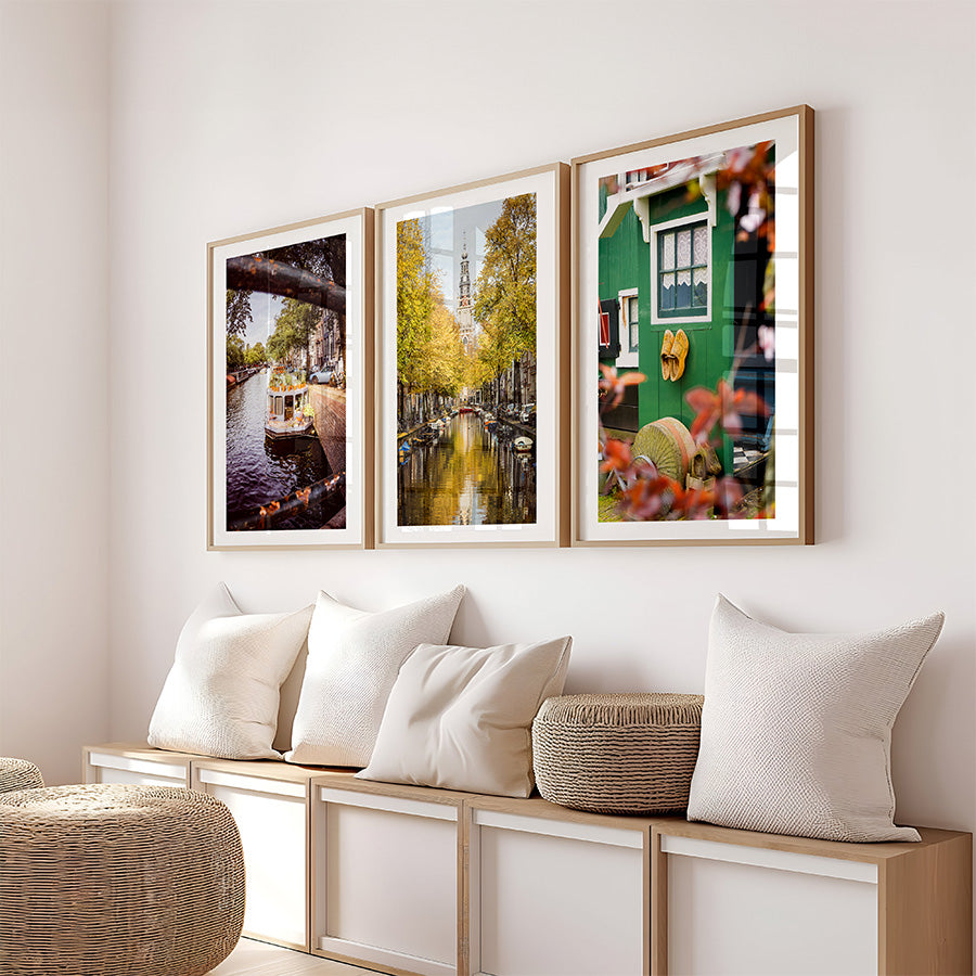 set of 3, Amsterdam wall art, Dutch travel photography, Netherlands fine art, Zaanse Schans poster, floating flower market, Amsterdam poster set, Holland canal print, Dutch countryside art, Zuiderkerk Amsterdam, houseboat Amsterdam, wooden shoe print, Amsterdam photo set, Dutch architecture wall decor, travel wall art set