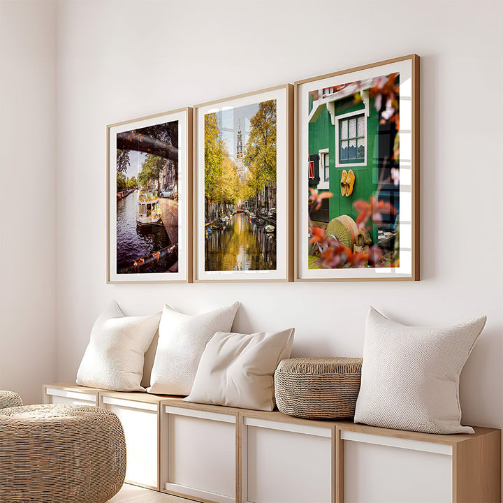set of 3, Amsterdam wall art, Dutch travel photography, Netherlands fine art, Zaanse Schans poster, floating flower market, Amsterdam poster set, Holland canal print, Dutch countryside art, Zuiderkerk Amsterdam, houseboat Amsterdam, wooden shoe print, Amsterdam photo set, Dutch architecture wall decor, travel wall art set