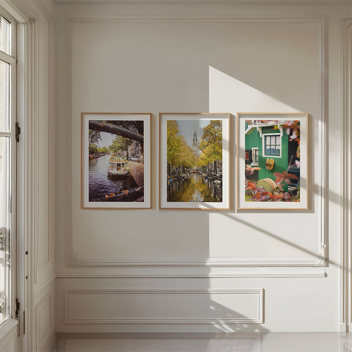 set of 3, Amsterdam wall art, Dutch travel photography, Netherlands fine art, Zaanse Schans poster, floating flower market, Amsterdam poster set, Holland canal print, Dutch countryside art, Zuiderkerk Amsterdam, houseboat Amsterdam, wooden shoe print, Amsterdam photo set, Dutch architecture wall decor, travel wall art set