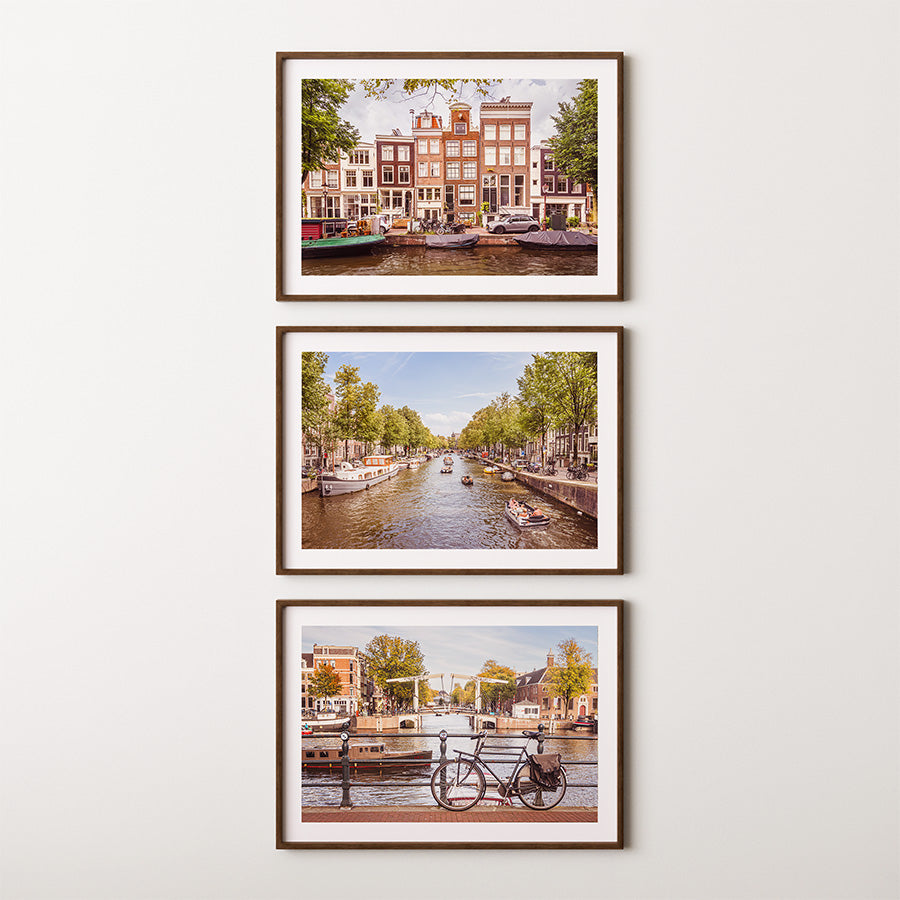 Set of 3 Amsterdam prints, Amsterdam wall art, Dutch canal wall art, Amsterdam summer prints, Bloemgracht poster, Dutch bicycle wall art, Netherlands travel decor, fine art photography prints, museum-quality prints, sustainable wall decor, summer in Amsterdam