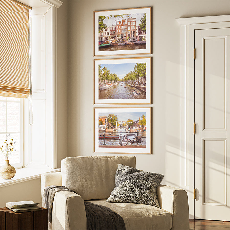 Set of 3 Amsterdam prints, Amsterdam wall art, Dutch canal wall art, Amsterdam summer prints, Bloemgracht poster, Dutch bicycle wall art, Netherlands travel decor, fine art photography prints, museum-quality prints, sustainable wall decor, summer in Amsterdam