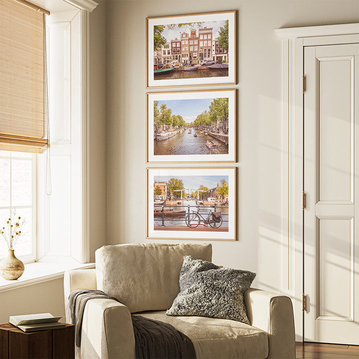 Set of 3 Amsterdam prints, Amsterdam wall art, Dutch canal wall art, Amsterdam summer prints, Bloemgracht poster, Dutch bicycle wall art, Netherlands travel decor, fine art photography prints, museum-quality prints, sustainable wall decor, summer in Amsterdam