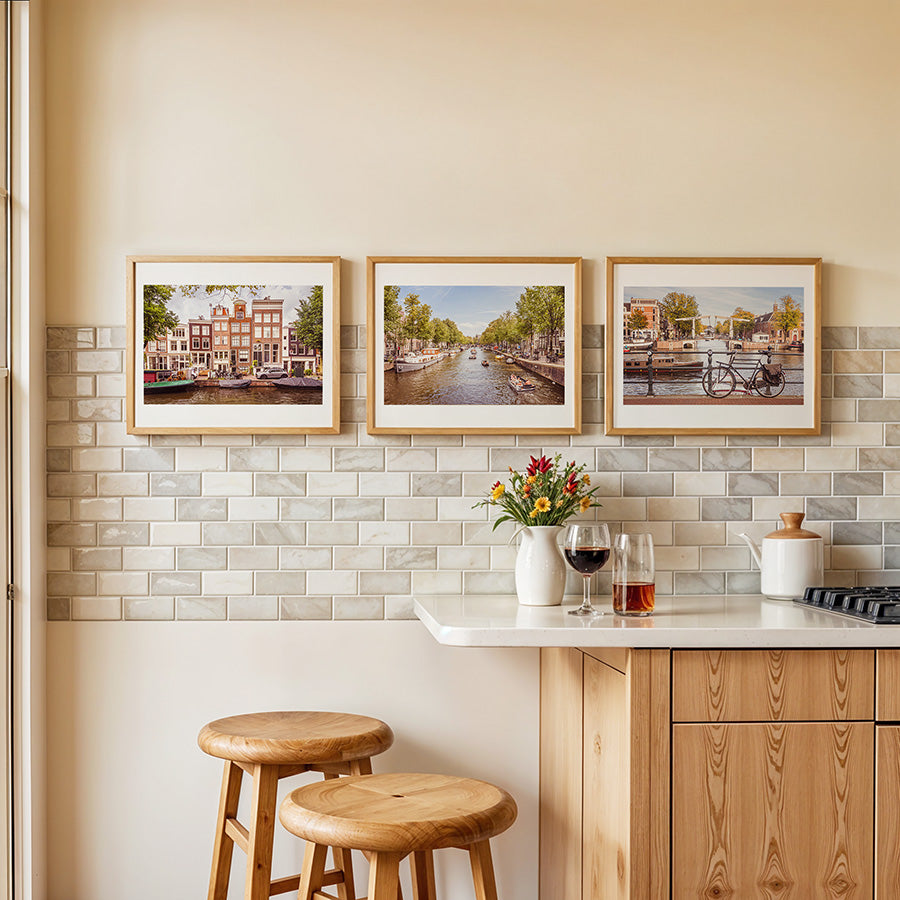 Set of 3 Amsterdam prints, Amsterdam wall art, Dutch canal wall art, Amsterdam summer prints, Bloemgracht poster, Dutch bicycle wall art, Netherlands travel decor, fine art photography prints, museum-quality prints, sustainable wall decor, summer in Amsterdam