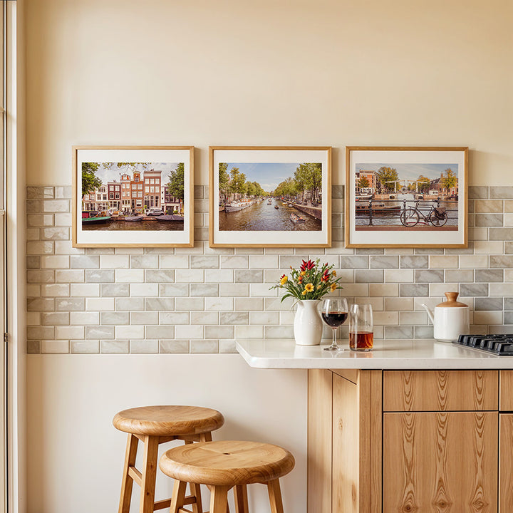 Set of 3 Amsterdam prints, Amsterdam wall art, Dutch canal wall art, Amsterdam summer prints, Bloemgracht poster, Dutch bicycle wall art, Netherlands travel decor, fine art photography prints, museum-quality prints, sustainable wall decor, summer in Amsterdam