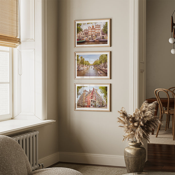 Set of 3 Amsterdam prints, Amsterdam wall art, Dutch canal wall art, Amsterdam summer prints, Bloemgracht poster, Dutch bicycle wall art, Netherlands travel decor, fine art photography prints, museum-quality prints, sustainable wall decor, summer in Amsterdam