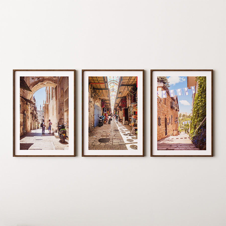 Set of 3, Jerusalem wall art, Israel poster, Jewish home decor, Old City photography, Israel fine art, Jerusalem market print, Israeli flag artwork, Holy Land print, Jerusalem photo set, Israel gift