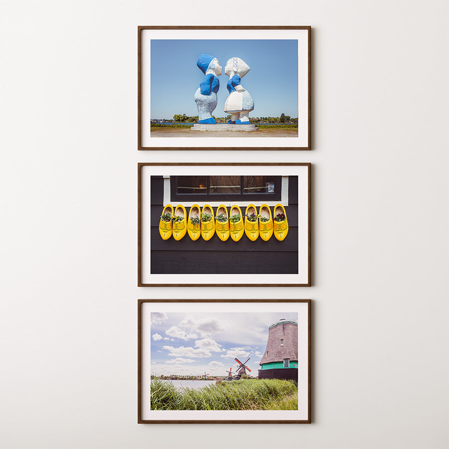 Set of 3, Netherlands wall art, Amsterdam poster set, Dutch windmill wall art, Zaanse Schans print, wooden shoes decor, Holland photography set, Dutch travel decor, fine art print set, Netherlands photo prints, Amsterdam fine art, curated wall art set, Holland wall decor