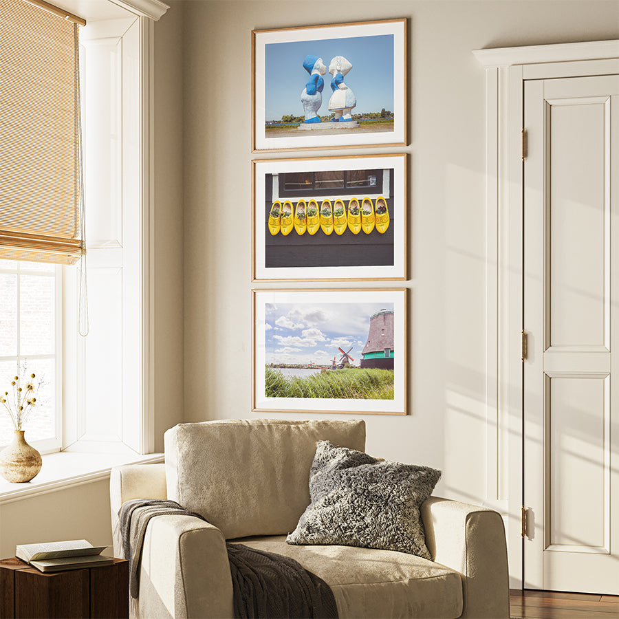 Set of 3, Netherlands wall art, Amsterdam poster set, Dutch windmill wall art, Zaanse Schans print, wooden shoes decor, Holland photography set, Dutch travel decor, fine art print set, Netherlands photo prints, Amsterdam fine art, curated wall art set, Holland wall decor