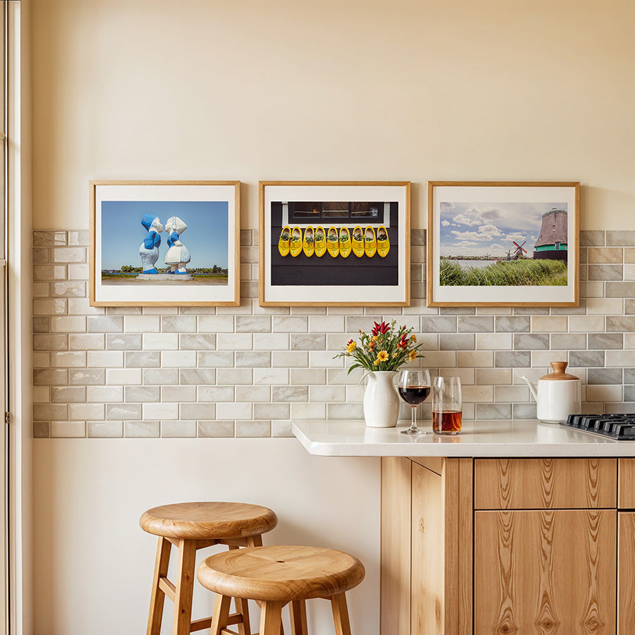 Set of 3, Netherlands wall art, Amsterdam poster set, Dutch windmill wall art, Zaanse Schans print, wooden shoes decor, Holland photography set, Dutch travel decor, fine art print set, Netherlands photo prints, Amsterdam fine art, curated wall art set, Holland wall decor