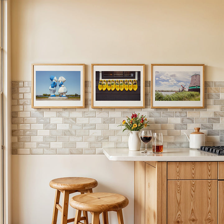 Set of 3, Netherlands wall art, Amsterdam poster set, Dutch windmill wall art, Zaanse Schans print, wooden shoes decor, Holland photography set, Dutch travel decor, fine art print set, Netherlands photo prints, Amsterdam fine art, curated wall art set, Holland wall decor