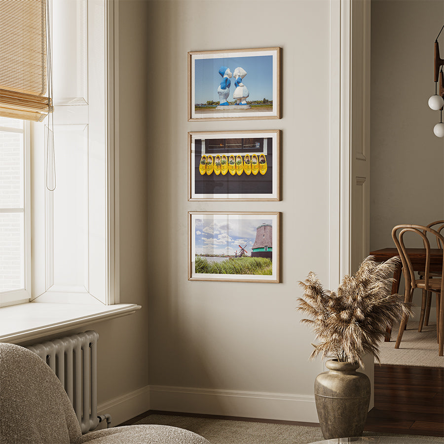Set of 3, Netherlands wall art, Amsterdam poster set, Dutch windmill wall art, Zaanse Schans print, wooden shoes decor, Holland photography set, Dutch travel decor, fine art print set, Netherlands photo prints, Amsterdam fine art, curated wall art set, Holland wall decor