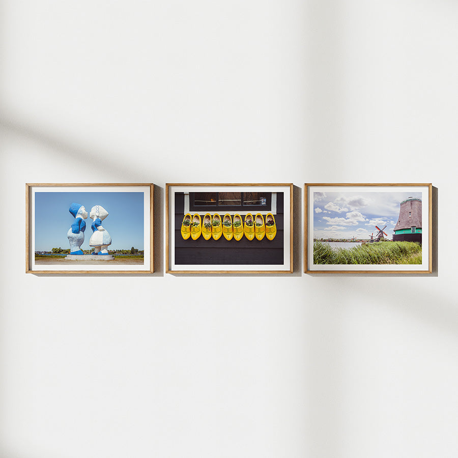 Set of 3, Netherlands wall art, Amsterdam poster set, Dutch windmill wall art, Zaanse Schans print, wooden shoes decor, Holland photography set, Dutch travel decor, fine art print set, Netherlands photo prints, Amsterdam fine art, curated wall art set, Holland wall decor