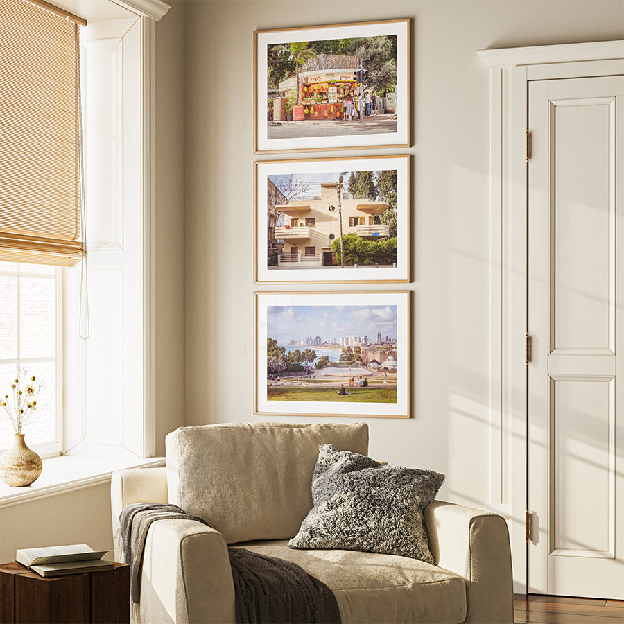 Set of 3, Tel Aviv wall art, Tel Aviv poster, Israel travel photography, Jewish wall art, Bauhaus architecture print, Yafo beach art, Tamara Juice Bar photo, set of 3 prints, Tel Aviv fine art, Mediterranean interior decor