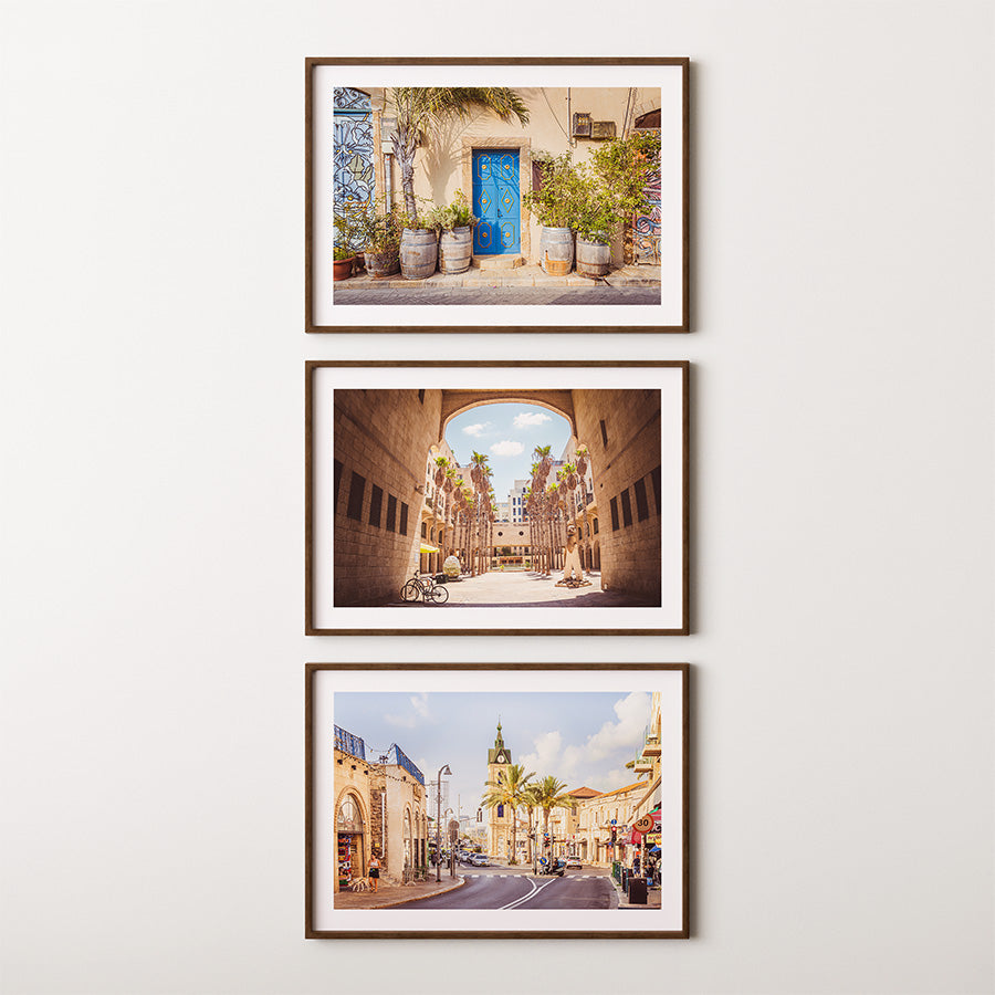 Set of 3, Tel Aviv wall art, Jaffa poster set, Israel fine art print, Mediterranean home decor, Jewish wall art, Tel Aviv travel print, Jaffa blue door photo, Clocktower Tel Aviv print, set of 3 prints, Tel Aviv photography art