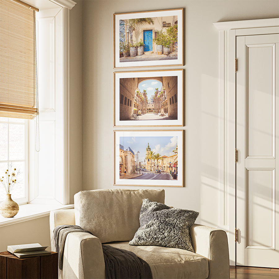 Set of 3, Tel Aviv wall art, Jaffa poster set, Israel fine art print, Mediterranean home decor, Jewish wall art, Tel Aviv travel print, Jaffa blue door photo, Clocktower Tel Aviv print, set of 3 prints, Tel Aviv photography art