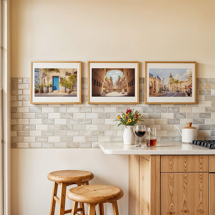 Set of 3, Tel Aviv wall art, Jaffa poster set, Israel fine art print, Mediterranean home decor, Jewish wall art, Tel Aviv travel print, Jaffa blue door photo, Clocktower Tel Aviv print, set of 3 prints, Tel Aviv photography art