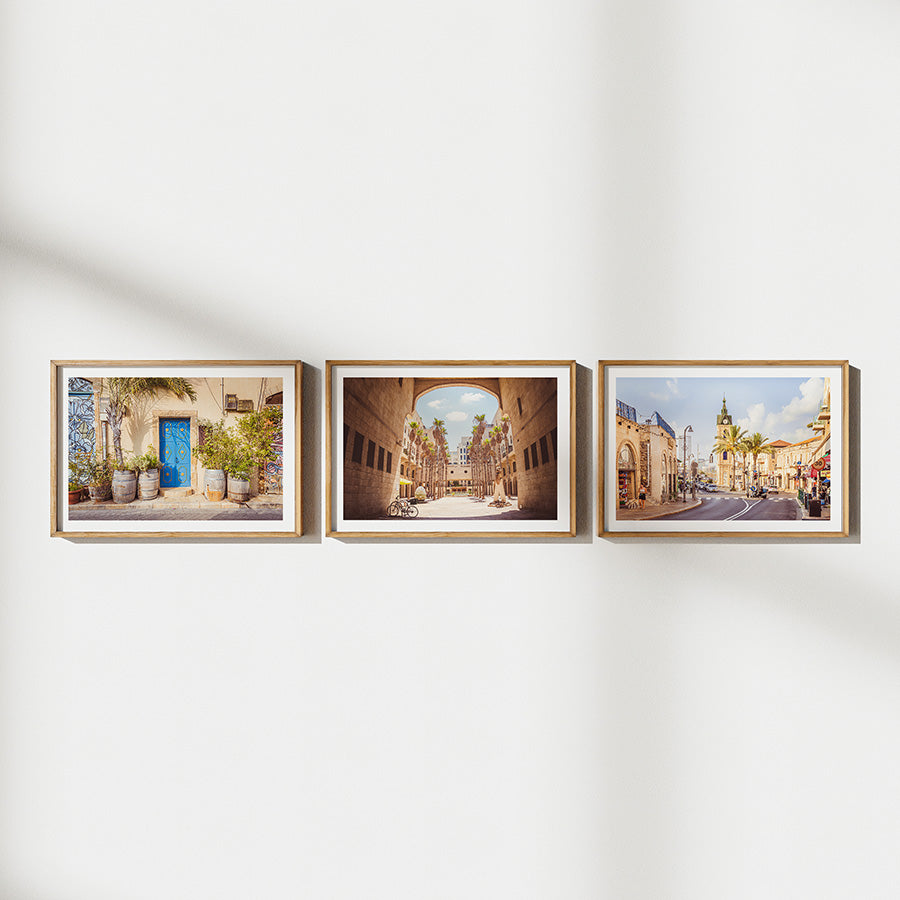 Set of 3, Tel Aviv wall art, Jaffa poster set, Israel fine art print, Mediterranean home decor, Jewish wall art, Tel Aviv travel print, Jaffa blue door photo, Clocktower Tel Aviv print, set of 3 prints, Tel Aviv photography art