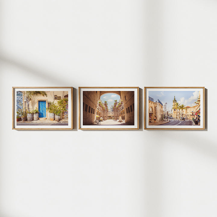 Set of 3, Tel Aviv wall art, Jaffa poster set, Israel fine art print, Mediterranean home decor, Jewish wall art, Tel Aviv travel print, Jaffa blue door photo, Clocktower Tel Aviv print, set of 3 prints, Tel Aviv photography art