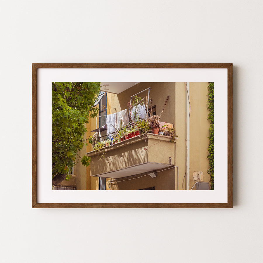 Tel Aviv balcony wall art, Tel Aviv street photography print, urban balcony wall art, Israeli architecture photography print, Tel Aviv everyday life photography, Mediterranean balcony wall art, city balcony photography print, Tel Aviv lifestyle wall decor, Israeli urban home photography, fine art street photography Israel, warm neutral wall art for living room