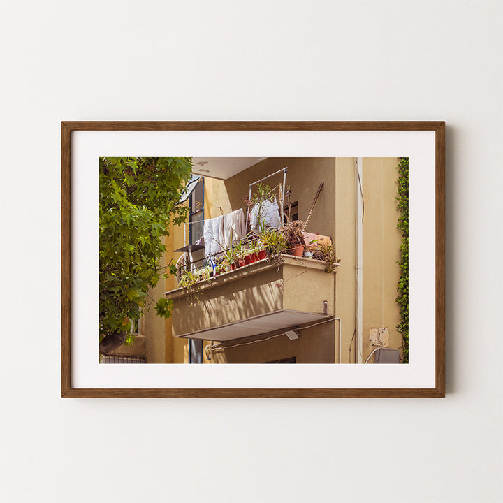 Tel Aviv balcony wall art, Tel Aviv street photography print, urban balcony wall art, Israeli architecture photography print, Tel Aviv everyday life photography, Mediterranean balcony wall art, city balcony photography print, Tel Aviv lifestyle wall decor, Israeli urban home photography, fine art street photography Israel, warm neutral wall art for living room