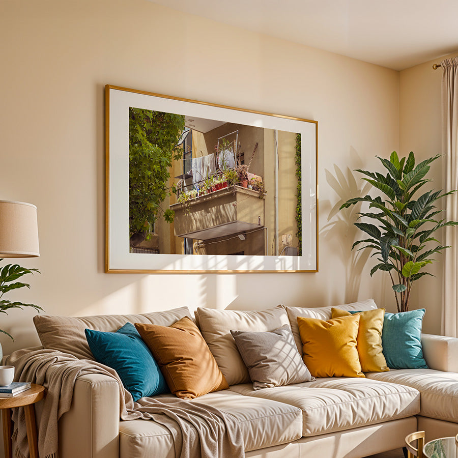 Tel Aviv balcony wall art, Tel Aviv street photography print, urban balcony wall art, Israeli architecture photography print, Tel Aviv everyday life photography, Mediterranean balcony wall art, city balcony photography print, Tel Aviv lifestyle wall decor, Israeli urban home photography, fine art street photography Israel, warm neutral wall art for living room