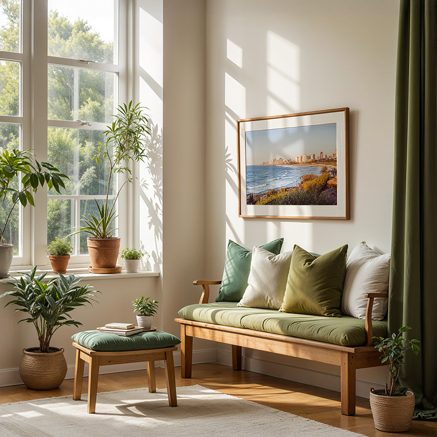 This Tel Aviv beach wall art captures the peaceful yet vibrant Mediterranean coastline where city meets sea, bathed in warm golden light. A fine art print that brings calm and inspiration into any space.
