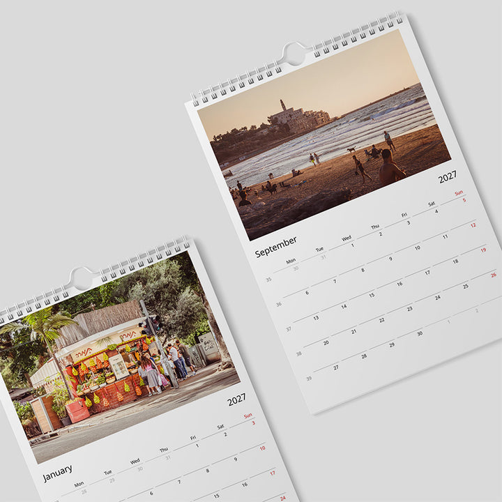 Tel Aviv calendar, Israel calendar 2027, Tel Aviv wall calendar, Tel Aviv print, birthday calendar, gift from Israel, Israeli photography, Tel Aviv art, minimalist calendar, fine art calendar