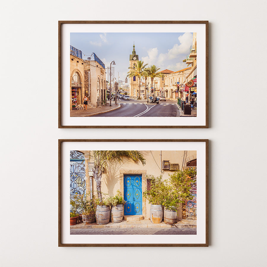 Set of 2 Tel Aviv wall art, Jaffa photography, Israel wall decor, Mediterranean wall art, Old Jaffa prints, Clocktower Yafo poster, blue door wall art, travel photography print, fine art Israel print set, Tel Aviv photography, architectural wall art